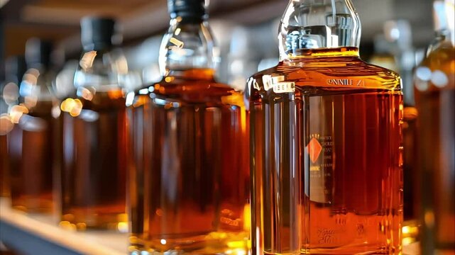 Rows of glass bottles filled with amber-colored liquid, likely whiskey or another type of spirits, lined on shelves.