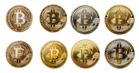 Gold and Silver Bitcoin Coins Collection on White Background, isolated on transparent background