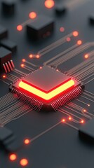 Fototapeta premium Close-up view of a glowing microchip surrounded by intricate circuitry on a dark background