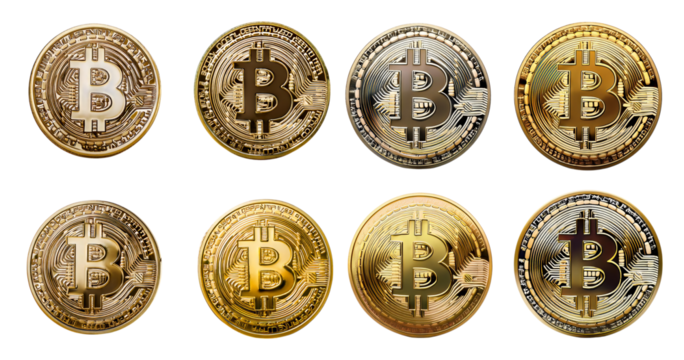 Gold and Silver Bitcoin Coins Collection on White Background, isolated on transparent background