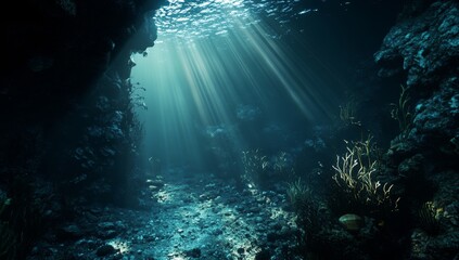 Sunbeams illuminate underwater cave, revealing coral reef and marine life.