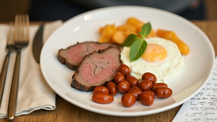 Gourmet Breakfast Plate with Sliced Steak, Fried Egg, Roasted Vegetables, and Beans