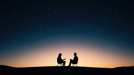 Fototapeta premium Silhouetted couple engaged in deep conversation under a starry night sky at dusk
