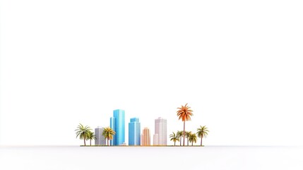 Naklejka premium Vibrant city skyline with palm trees under a clear sky, symbolizing urban leisure and lifestyle