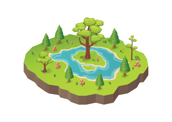 isometric beautiful natural island with lake