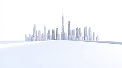 Fototapeta premium Futuristic skyline featuring iconic skyscrapers against a minimalist white background
