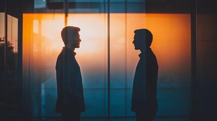 Cinematic shot of customer business owner standing opposite side of glass wall their reflection merging into one artistic composition illustrates dual perspective of business relationship emphasizing