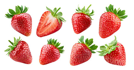 Fresh Red Strawberries Whole and Halved on a Transparent Background, isolated on transparent background