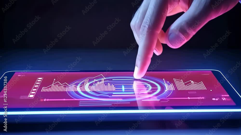 Poster hand interacts with glowing tablet displaying futuristic graphs and data visualizations, highlightin