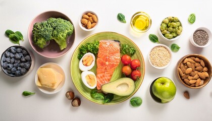 keto food on table, isolated white background, copy space