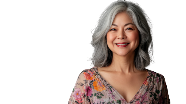 Smiling senior woman with gray hair posing on transparent background