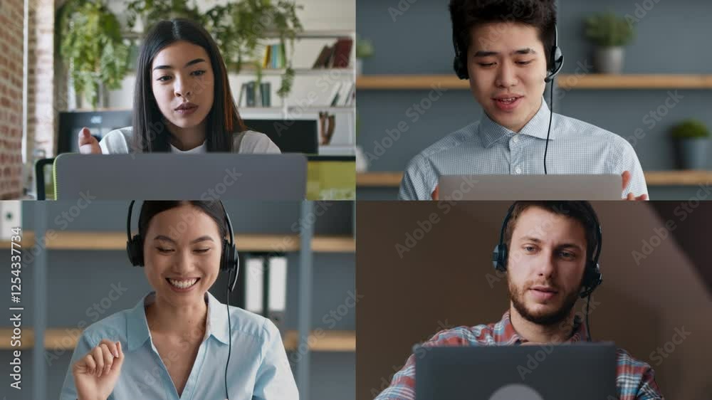 Poster four young individuals participate in virtual meetings, each focused and using headsets. they showca