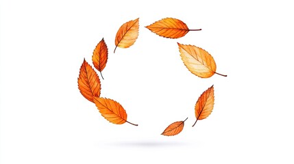 Circular arrangement of autumn leaves on a white background, showcasing seasonal change