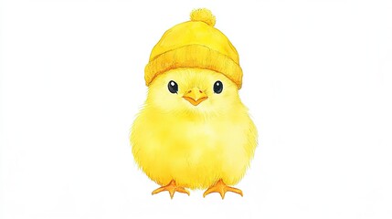 Adorable yellow chick wearing a cozy yellow beanie, set against a clean white background, ideal for children's themes
