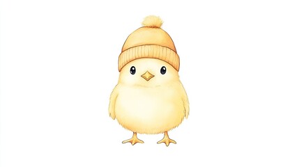 Cute yellow chick wearing a cozy orange hat, standing on a white background, ideal for children's themes