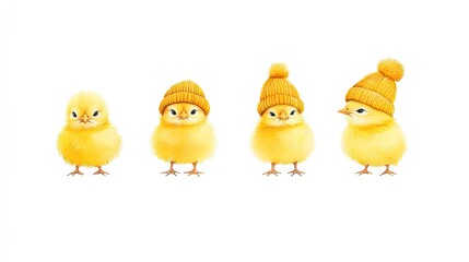 Four adorable yellow chicks wearing knitted hats, showcasing cuteness and charm in a playful setting