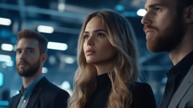 Confident team looking ahead in futuristic office