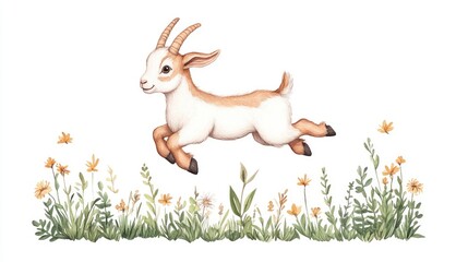 Playful goat leaping over a field of wildflowers, showcasing nature's beauty and joy