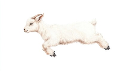 Playful white goat leaping joyfully in a bright, clean environment, showcasing its agility