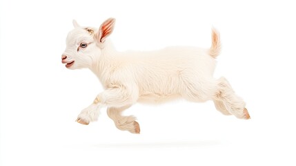 Playful white goat jumping joyfully in a bright, minimalist setting, symbolizing freedom and vitality