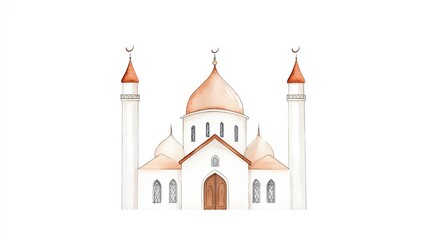 Beautiful watercolor illustration of a mosque with domes and minarets against a white background