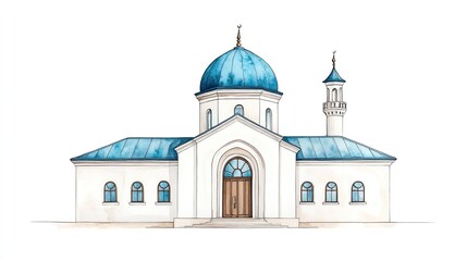 Elegant architectural illustration of a mosque with a blue dome and minaret against a white background