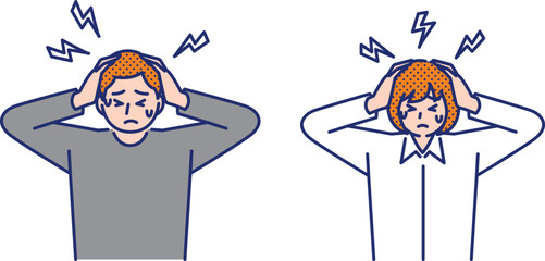 頭痛で頭を抱える男性と女性のイラスト