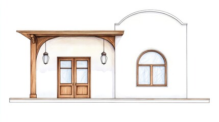 Architectural illustration of a charming building facade with wooden elements and windows