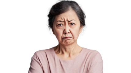 Senior asian woman frowning with displeasure on transparent background
