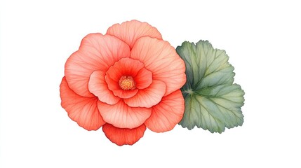 Beautiful coral begonia flower illustration with lush green leaves on a clean white background