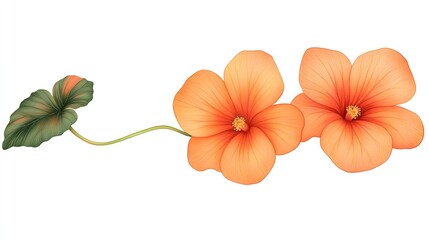 Vibrant orange flowers with green leaves elegantly arranged against a white background