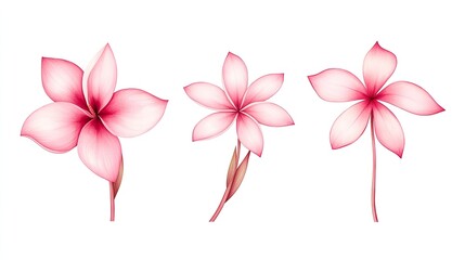 Three elegantly designed pink flowers showcasing unique shapes and delicate petals on a white background