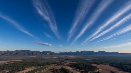 Aerial view Contrails over mountains, farmland, sunset