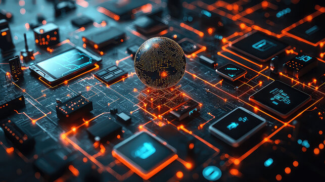 Futuristic digital globe on a complex circuit board, representing global connectivity and technology.