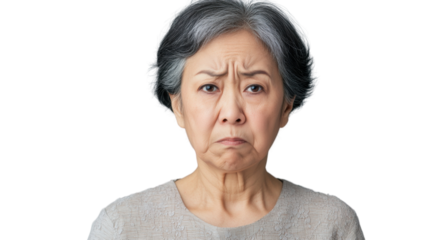 Senior woman expressing disappointment with frowning face on transparent background