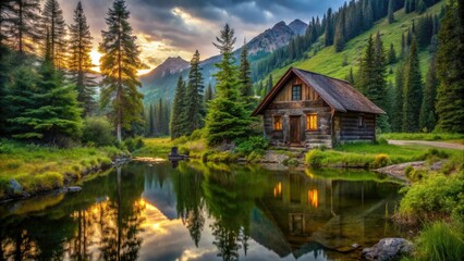 Obraz premium Mountain Cabin Serenity: Lush Forest Pond Photography - Urban Exploration