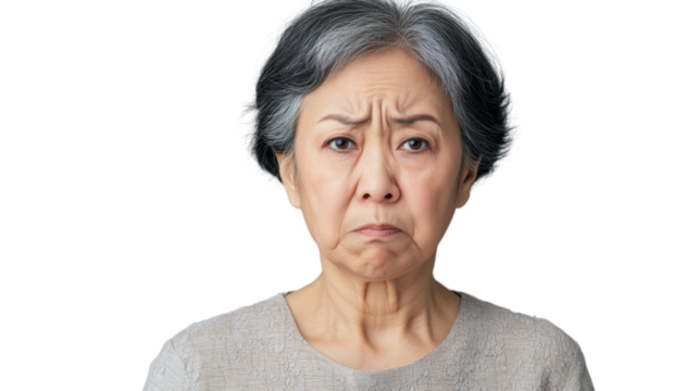 Senior woman expressing disappointment with frowning face on transparent background