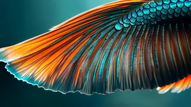Vivid orange and teal betta fish tail fin, close-up detail.