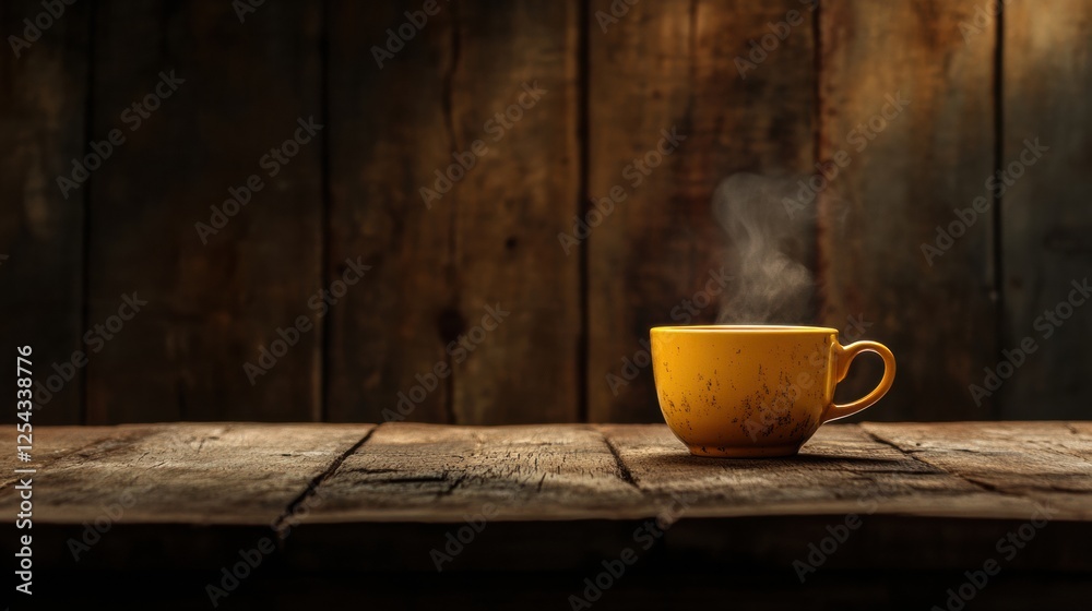 Aufkleber warm coffee cup with steam rising on rustic wooden table in cozy atmosphere for early morning enjoym