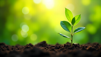 A young, green plant sprouting from rich soil, bathed in sunlight, symbolizing new beginnings, growth, and sustainability