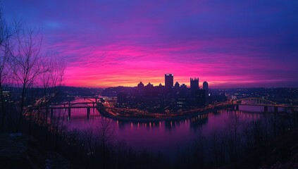 Naklejka premium Pittsburgh Cityscape at Sunrise: A Vibrant Panorama