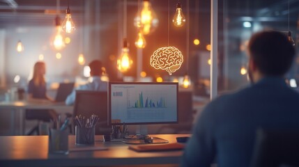 A brightly lit modern office with a team working and brainstorming together with glowing lights and a digital brain