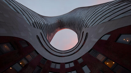 Fototapeta premium Modern building, sunset, courtyard, urban architecture, design