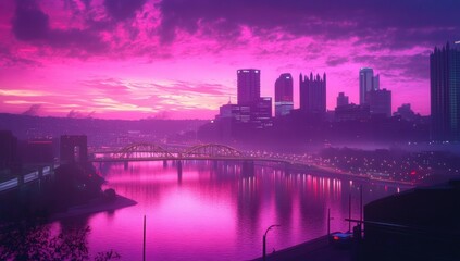 Fototapeta premium Pittsburgh Cityscape at Dawn: A Vibrant Pink Panorama