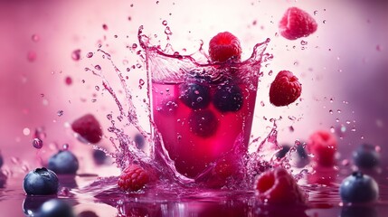 A vibrant burst of mixed berry juice, with blueberries and raspberries in action with splash effect