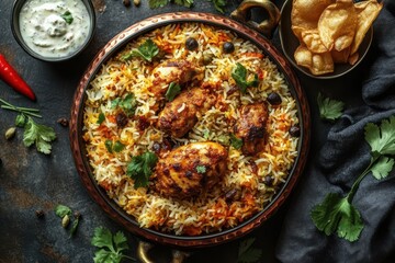 A vibrant photograph of a traditional Indian biryani served in a copper pot, with fragrant basmati rice, tender pieces of chicken, and a blend of aromatic spices. 