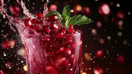 A close-up shot of a glass filled with pomegranate juice and seeds, with a splash and mint leaves