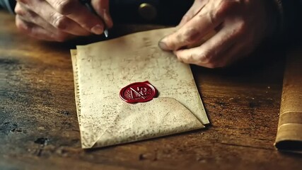 Hands sealing an antique letter with a wax seal and a sharp tool. - Powered by Adobe