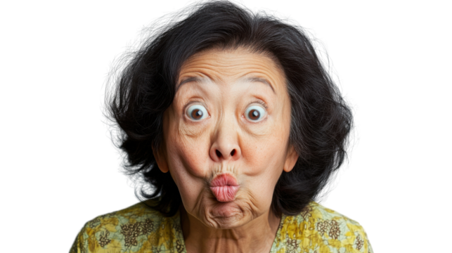 Senior woman making funny face with inflated cheeks and big eyes on transparent background