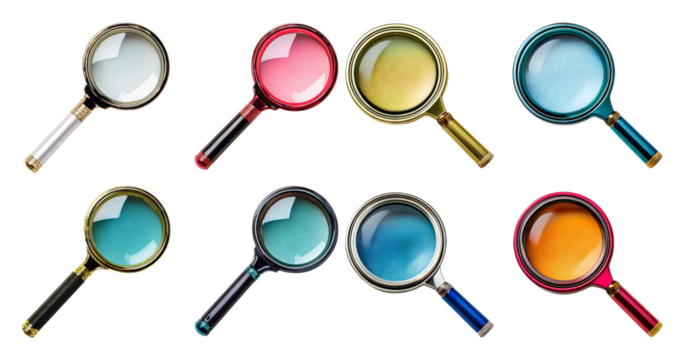 Colorful Magnifying Glasses on White Background for Creative Projects, isolated on transparent background